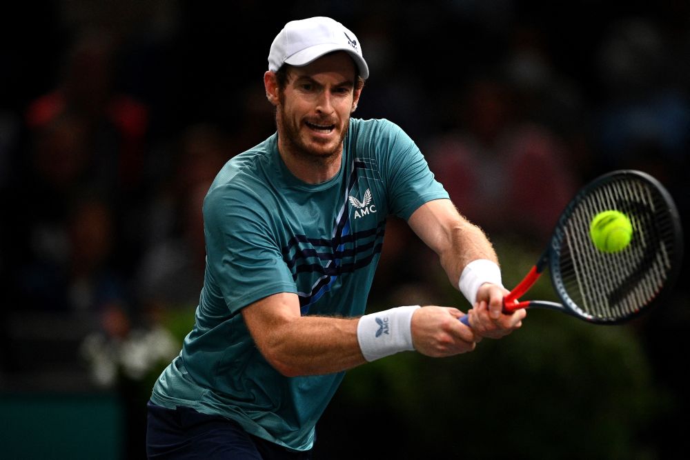 Britain's Andy Murray returns the ball to Germany's Dominik Koepfer during their men's singles tennis match on day one of the ATP Paris Masters at the Accor Arena in Paris November 1, 2021. u00e2u20acu201d AFP picn