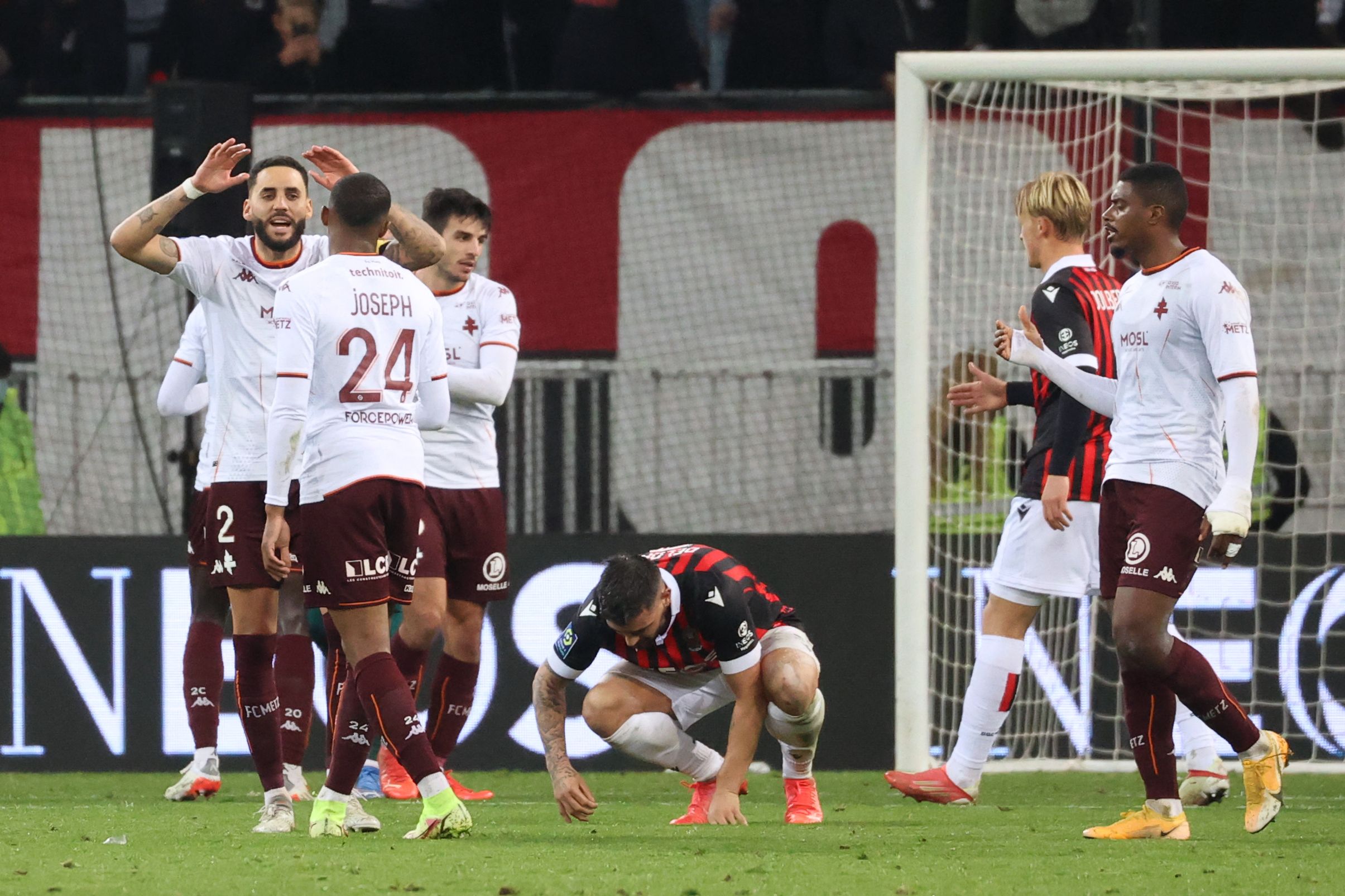 Metz players celebrate their win against OGC Nice at the Allianz Riviera Stadium in Nice November 27, 2021. u00e2u20acu201d AFP pic