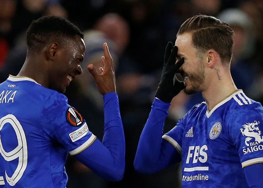 Leicester City's James Maddison (right) celebrates scoring their second goal against Legia Warsaw with Patson Daka at the King Power Stadium, Leicester November 25, 2021. u00e2u20acu201d Reuters pic