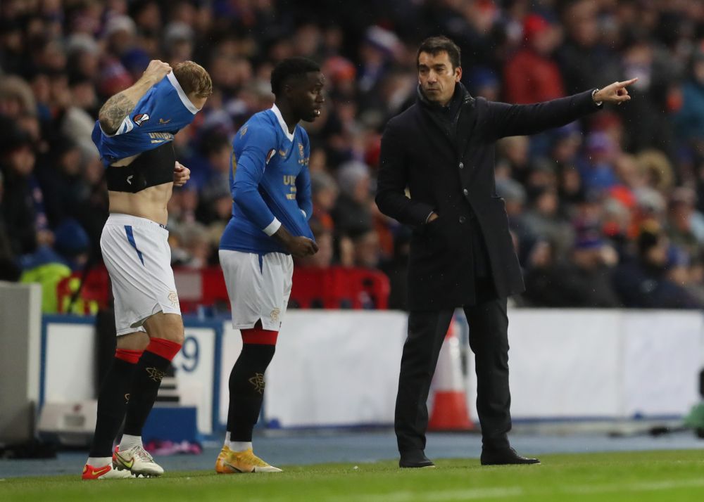 Rangers manager Giovanni van Bronckhorst with substitutes Fashion Sakala and Scott Arfield during the game against Sparta Prague at Ibrox, Glasgow November 25, 2021. u00e2u20acu201d Reuters pic