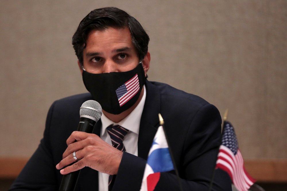 US Deputy National Security Advisor Daleep Singh speaks during a news conference on his three-country Latin America tour to promote a G7u00e2u20acu2122s infrastructure programme aimed at countering Chinau00e2u20acu2122s Belt and Road initiative in Panama City September 30, 2021.