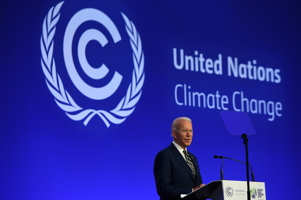 US President Joe Biden presents his national statement as a part of the World Leadersu00e2u20acu2122 Summit at the UN Climate Change Conference (COP26) in Glasgow, Scotland November 1, 2021. u00e2u20acu201d Andy Buchanan/Pool pic via Reuters 