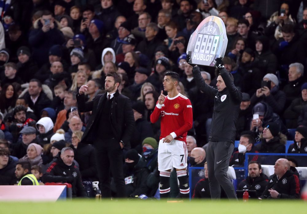 Manchester United's Cristiano Ronaldo with interim manager Michael Carrick as he gets ready to come on as a substitute against Chelsea at Stamford Bridge, London November 28, 2021. u00e2u20acu201d Reuters pic