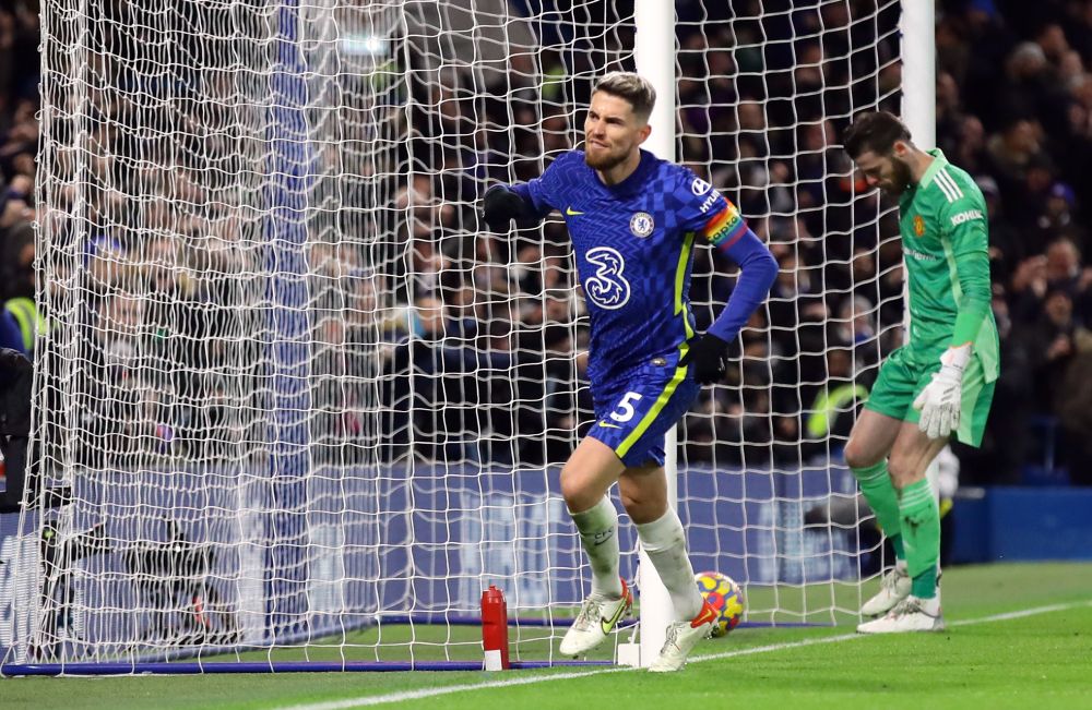 nChelsea's Jorginho celebrates scoring their first goal against Manchester United at Stamford Bridge, London November 28, 2021. u00e2u20acu201d Reuters picn