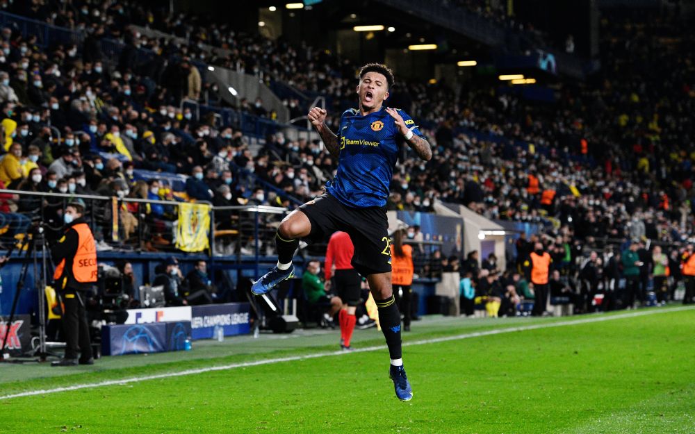 Manchester United's Jadon Sancho celebrates scoring their second goal against Villarreal at Estadio de la Ceramica, Villarreal November 23, 2021. u00e2u20acu201d Reuters pic