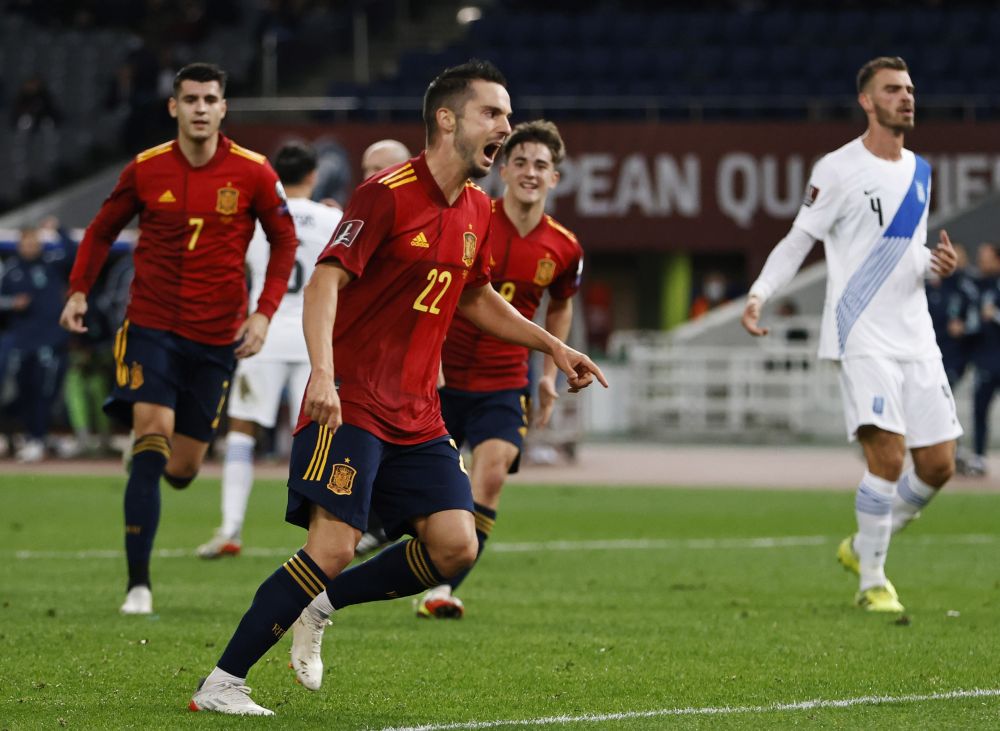 Spain's Pablo Sarabia celebrates scoring their first goal against Greece at the Olympic Stadium, Athens November 11, 2021. u00e2u20acu201d Reuters pic