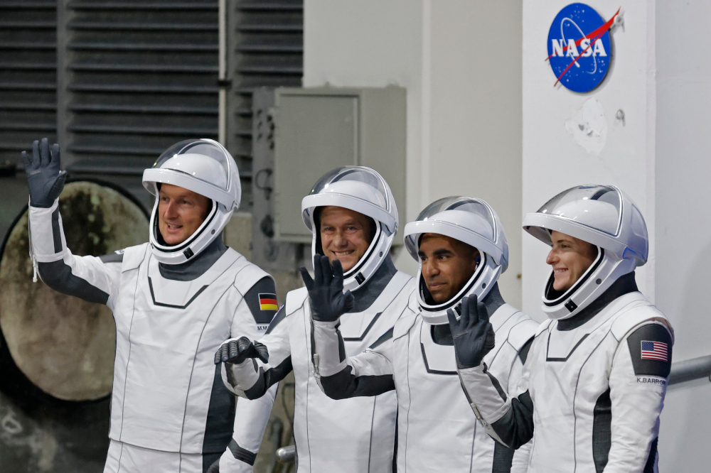 ESA astronaut Matthias Maurer of Germany, Nasa astronauts Raja Chari, Tom Marshburn, and Kayla Barron ready for launch aboard a SpaceX Falcon 9 rocket at the Kennedy Space Center in Cape Canaveral, Florida, November 10, 2021. — Reuters pic 