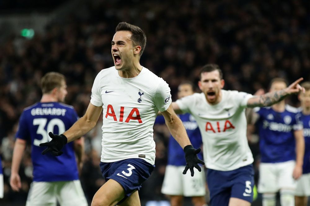 Tottenham Hotspur's Sergio Reguilon celebrates scoring their second goal against Leeds United at the Tottenham Hotspur Stadium, London November 21, 2021. u00e2u20acu201d Reuters pic