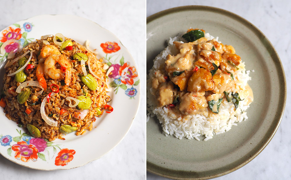 The cafe also serves various fried rice dishes like this 'petai' fried rice that is not overly spicy (left). You can select dishes with various types of proteins cooked in different styles to pair with rice like this buttermilk chicken (right).