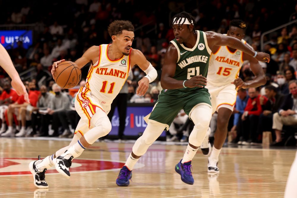 Atlanta Hawks guard Trae Young (11) drives against Milwaukee Bucks guard Jrue Holiday (21) during the second quarter at State Farm Arena, Atlanta November 14, 2021. u00e2u20acu201d AFP pic