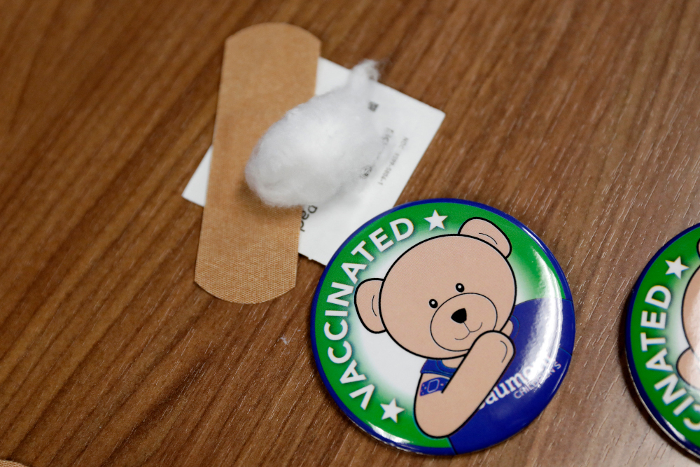 Pins that will be given to children after they receive their first dose of Pfizer Covid-19 vaccine are seen at the Beaumont Health offices in Southfield, Michigan, November 5, 2021. u00e2u20acu201d AFP pic