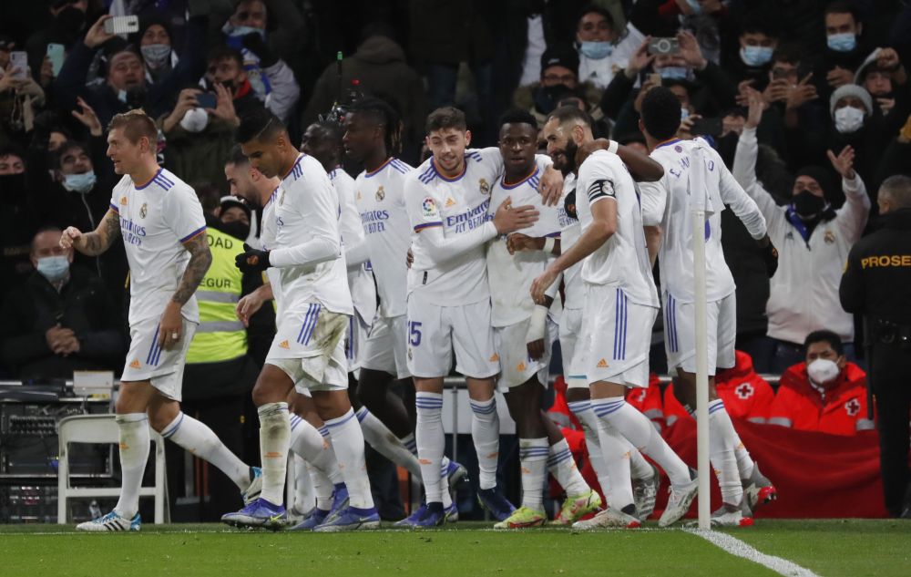 Real Madrid's Vinicius Junior celebrates scoring their second goal against Sevilla with teammates at the Santiago Bernabeu, Madrid November 28, 2021. u00e2u20acu201d Reuters pic