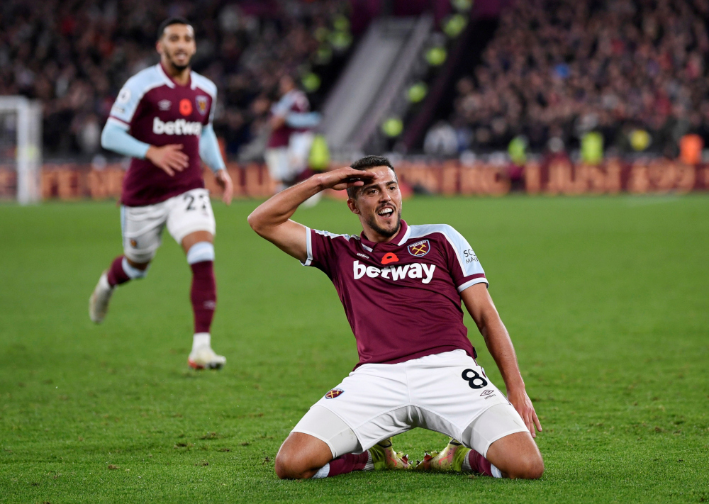 West Ham Unitedu00e2u20acu2122s Pablo Fornals celebrates scoring their second goal against Liverpool at London Stadium, November 7, 2021. u00e2u20acu201d Reuters pic 