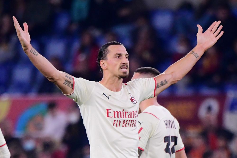 AC Milan's Zlatan Ibrahimovic celebrates scoring their first goal against AS Roma at Stadio Olimpico, Rome October 31, 2021. u00e2u20acu201d Reuters picnn