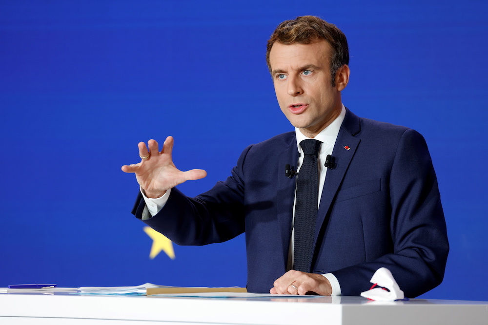 French President Emmanuel Macron delivers a speech during a press conference on France assuming EU presidency, in Paris, France December 9, 2021. u00e2u20acu201d Ludovic Marin/Pool via Reuters
