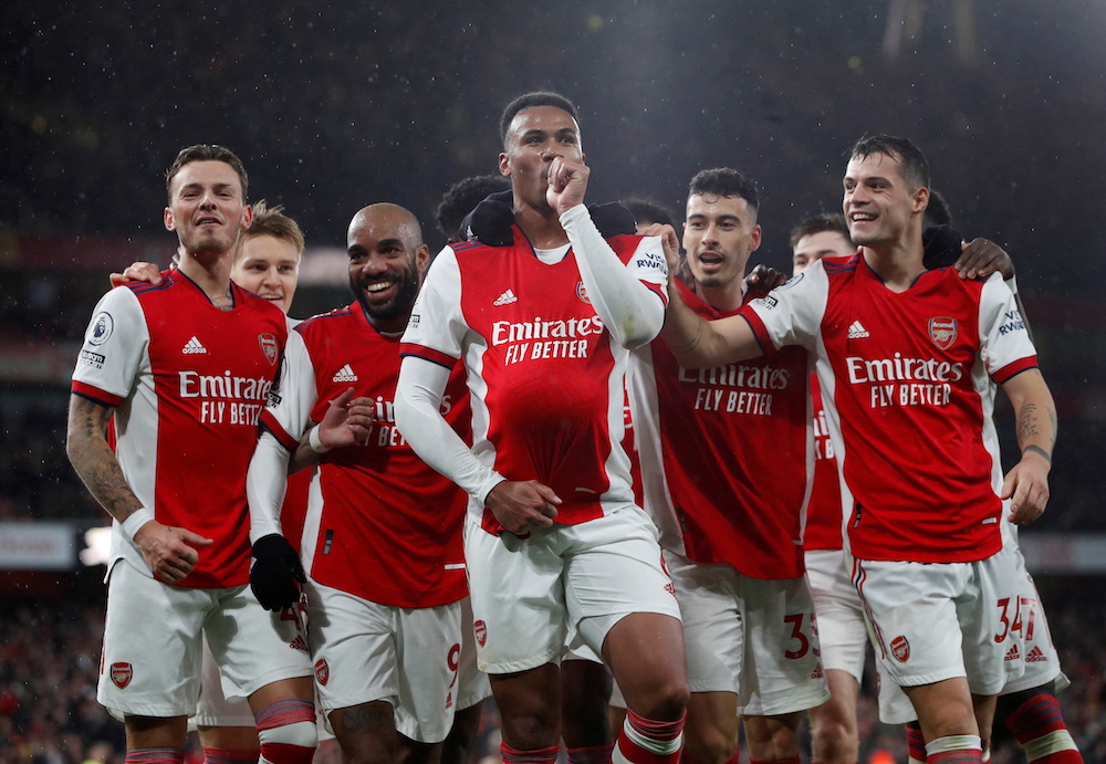 Arsenal's Gabriel celebrates scoring their third goal against Southampton with teammates in London December 11, 2021. u00e2u20acu201d Action Images via Reuters/Paul Childs