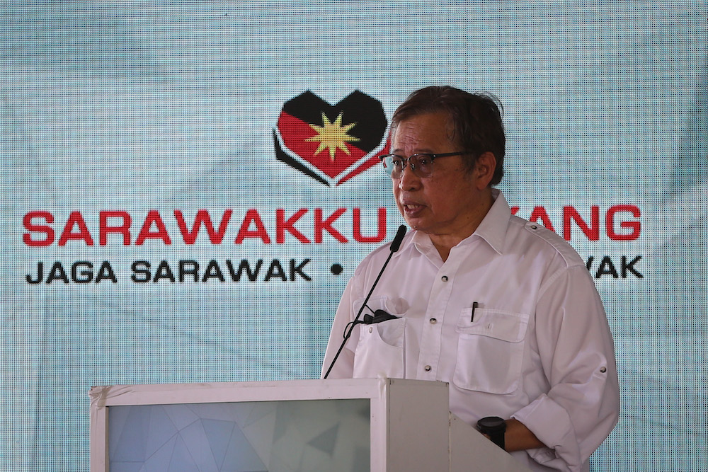 Sarawak Chief Minister Tan Sri Abang Johari Openg delivers his speech during the launch of Gedong as a District event, December 12, 2021. u00e2u20acu201d Picture by Yusof Mat Isa