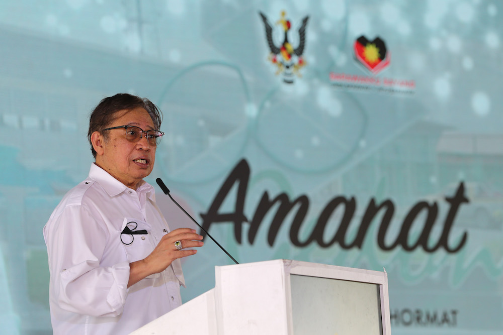 Sarawak Chief Minister Tan Sri Abang Johari Openg delivers his speech during the launch of Gedong as a District event, December 12, 2021. u00e2u20acu201d Picture by Yusof Mat Isa