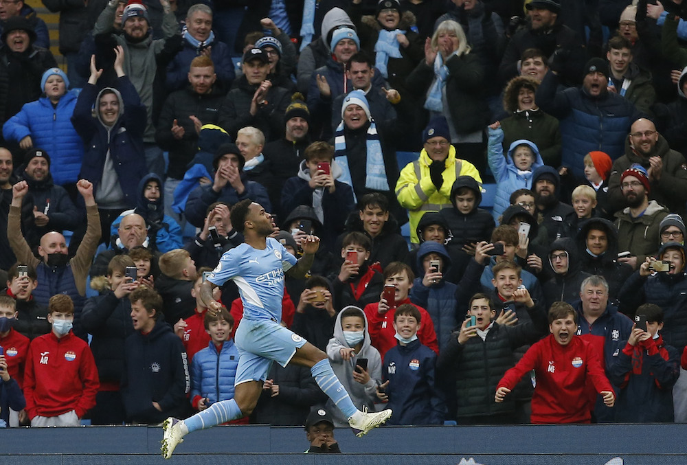 Manchester City's Raheem Sterling celebrates scoring their first goal against Wolverhampton in Manchester December 11, 2021. u00e2u20acu201d Reuters/Craig Brough pic