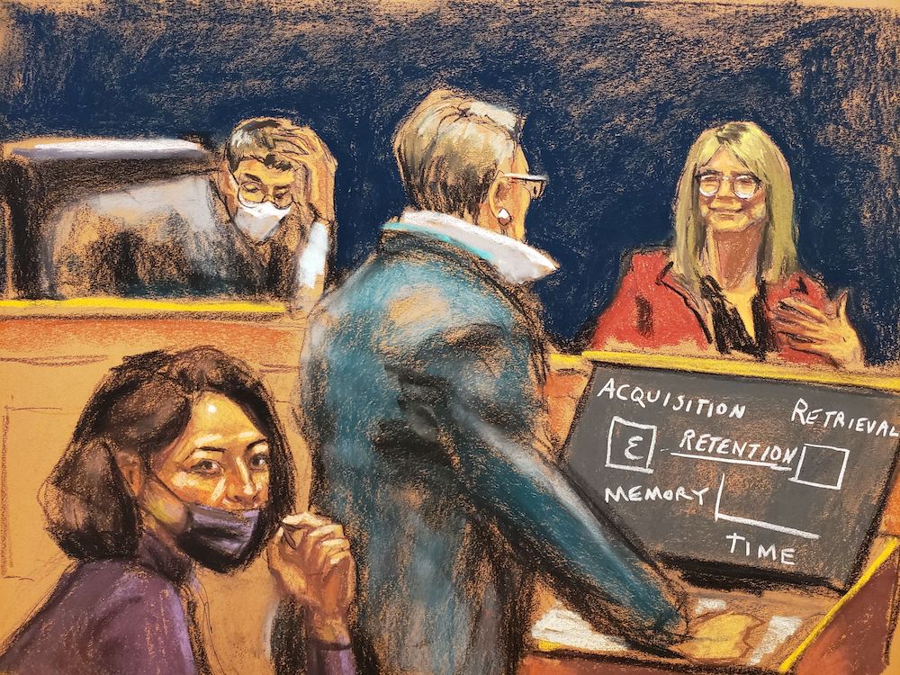 Ghislaine Maxwell listens as attorney Bobbi Sternheim questions psychologist Elizabeth Loftus during the trial of Maxwell, in a courtroom sketch in New York City December 16, 2021. ReutersJane Rosenberg pic