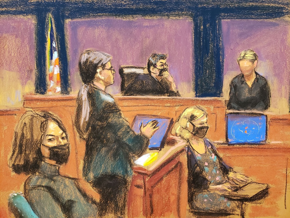 Witness u00e2u20acu02dcKateu00e2u20acu2122 is questioned by prosecutor Lara Pomerantz (second left) during the trial of Ghislaine Maxwell (left) in a courtroom sketch in New York December 6, 2021. u00e2u20acu201d Reuters pic
