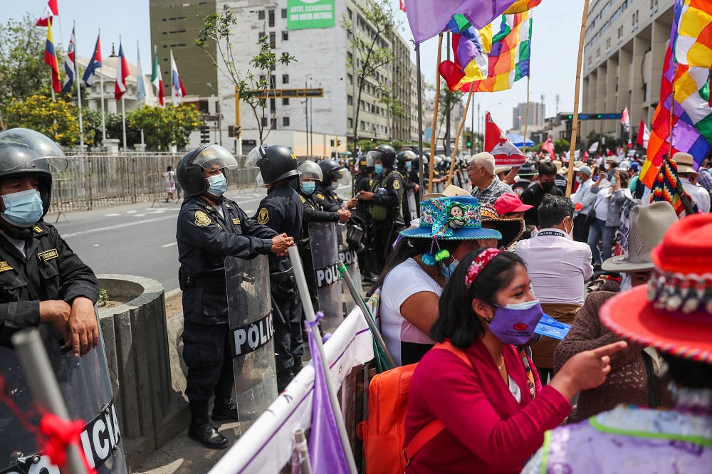 Demonstrators in favour of President Pedro Castillo gather near the congressional building, in Lima December 7, 2021. u00e2u20acu201d Reuters pic
