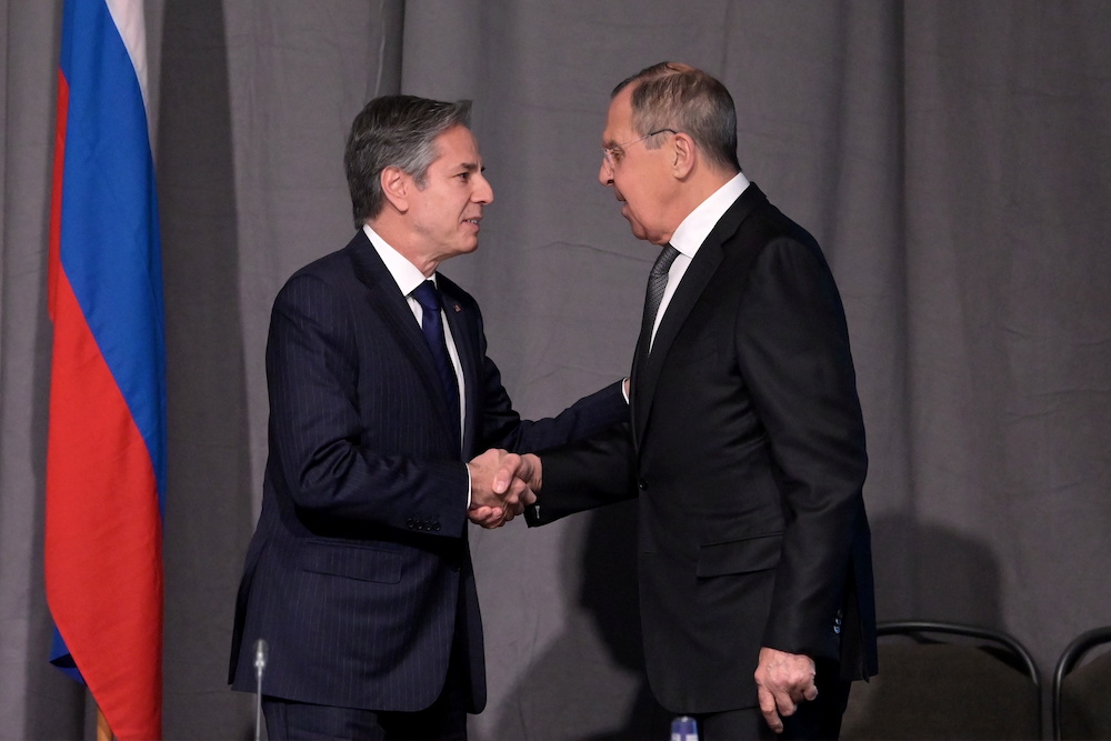  US Secretary of State Antony Blinken and Russian Foreign Minister Sergei Lavrov shake hands during a meeting of the Organisation for Security and Co-operation in Europe, Stockholm, Sweden December 2, 2021. u00e2u20acu201d Pool via Reuters pic