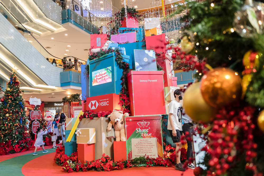 Stacked gift boxes for a tree at Sunway Pyramids. — Picture by Devan Manuel.