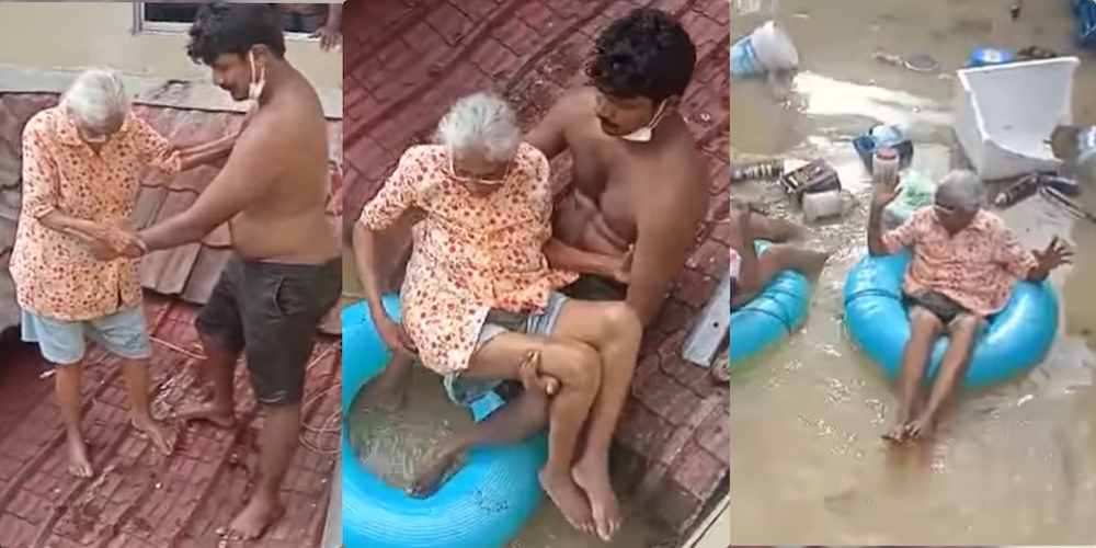 Gunaseelan used a lifesaver tube as a flotation device. u00e2u20acu201d Screenshot via R S Leela Facebook Account.