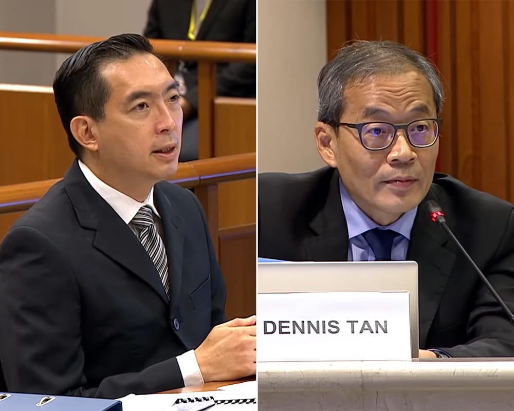 Psychiatrist Christopher Cheok (left) and the Workers' Party's Dennis Tan at a hearing by Parliament's privileges committee. u00e2u20acu201d Picture via YouTube/Gov.sg
