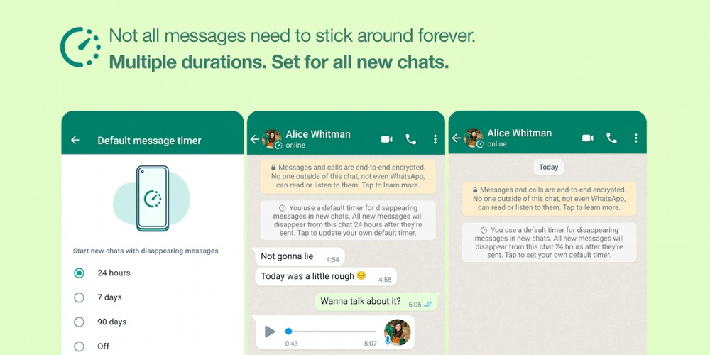 Whatsapp users can now set all new individual chats to start vanishing messages after the selected duration of 24 hours, 7 days, or 90 days. u00e2u20acu201d SoyaCincau pic