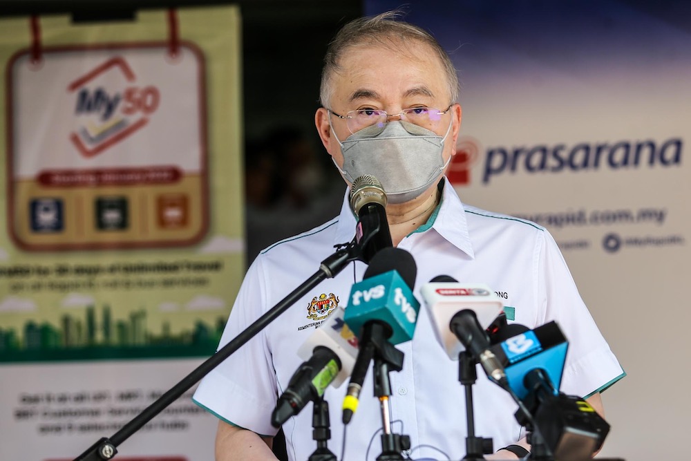 Transport Minister Datuk Seri Wee Ka Siong speaks to reporters during the launch of the Unlimited Travel Pass (My50) by Prasarana Malaysia Berhad at Gombak LRT Station December 27, 2021. u00e2u20acu201d Picture by Hari Anggara