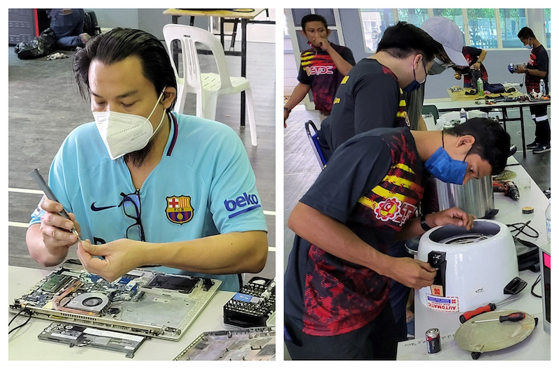 Volunteers from STDC helping repair household items including laptops and electric rice cookers. u00e2u20acu201d Pictures via Facebook/Kakidiy