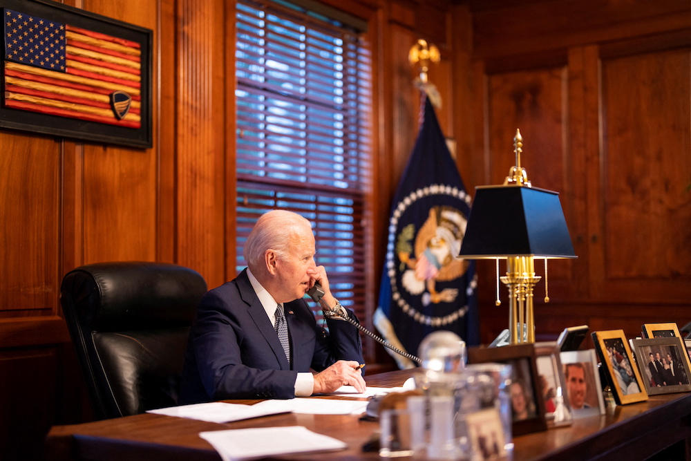 US President Joe Biden speaks with Russia's President Vladimir Putin from his home in Wilmington, Delaware December 30, 2021. u00e2u20acu201d Adam Schultz/White House handout via Reuters