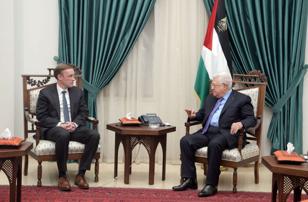 Palestinian President Mahmoud Abbas meets with US National Security Advisor Jake Sullivan in Ramallah, in the Israeli-occupied West Bank, December 22, 2021. u00e2u20acu201d Palestinian President Office (PPO)/Handout via Reuters