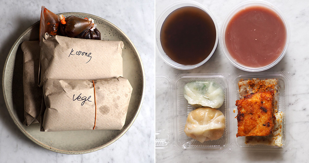 Your takeaway 'chee cheong fun' is neatly packed in brown paper parcels (left). There's also 'chai kuih', yam cake and radish cake to enjoy with 'tong sui' (right).