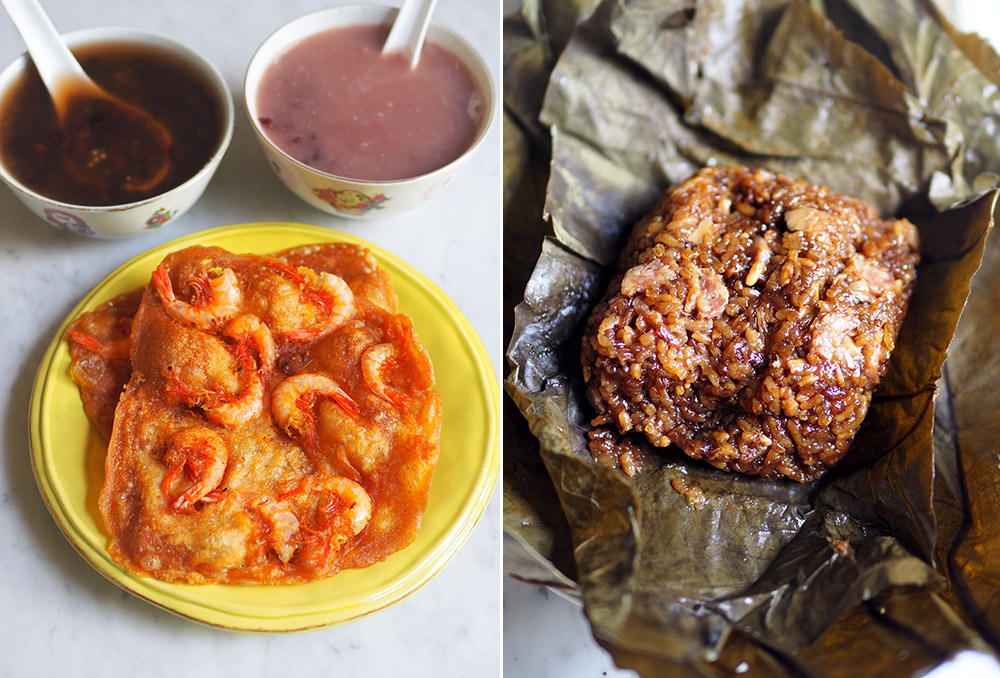 The lovely 'cucur udang' makes a delicious crunchy snack with your 'tong sui' (left). If you want a more substantial meal, try the fragrant lotus leaf glutinous rice (right).