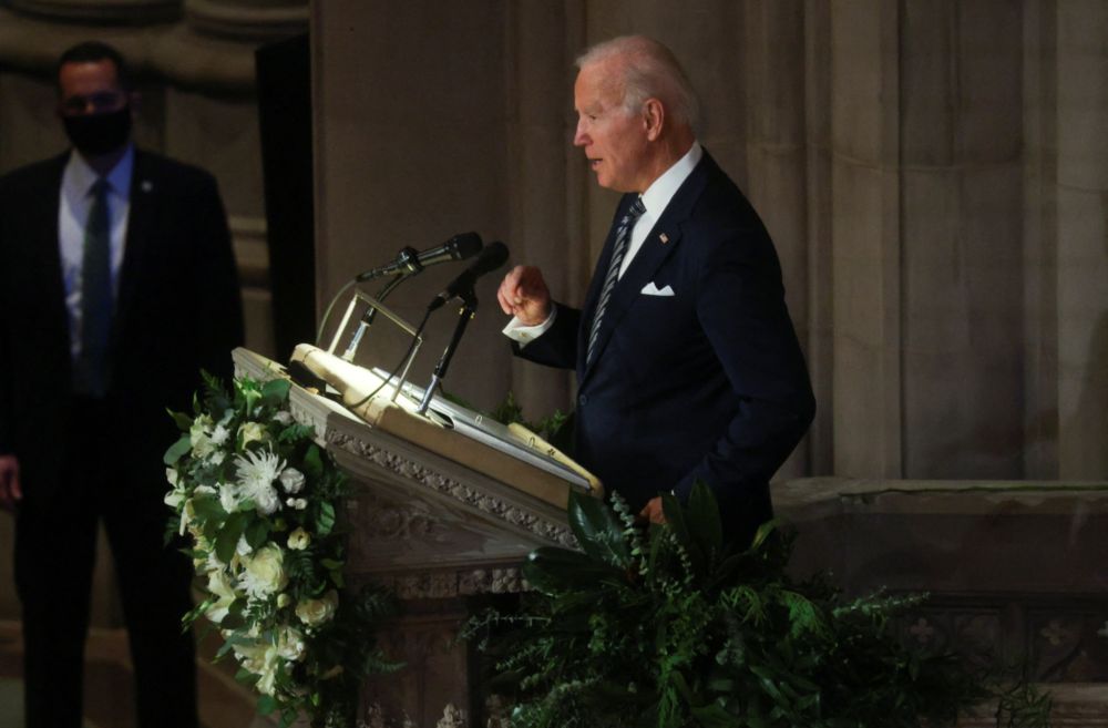 US President Joe Biden speaks during a private memorial service honouring the life of the late Senate Majority Leader Bob Dole (R-KS) at the Washington National Cathedral in Washington, December 10, 2021. u00e2u20acu201d Reuters pic