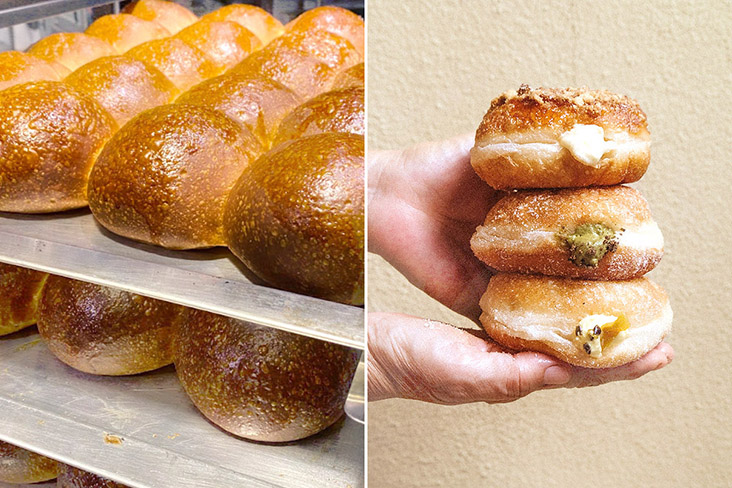 Sourdough rolls (left). Trio of flavours – ACB, hojicha and passionfruit (right).