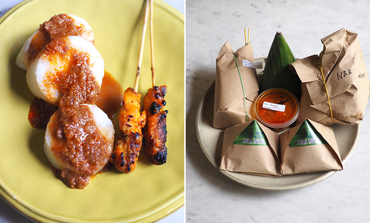 The 'satay' is a little lean but just eat it with the compressed rice cubes and peanut sauce (left). The items are wrapped in brown paper making it easier to transport them home (right)