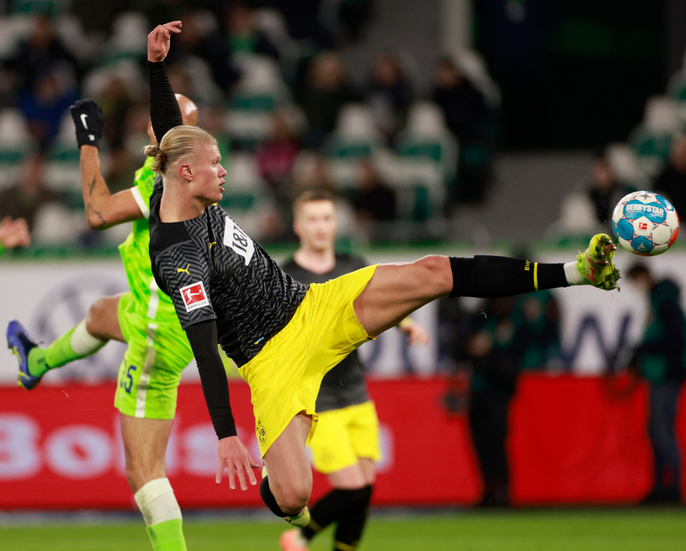 Dortmund forward Erling Haaland scores the 3-1 goal during the German first division Bundesliga football match VfL Wolfsburg v Borussia Dortmund in Wolfsburg, northern Germany, November 27, 2021. u00e2u20acu201d AFP pic 