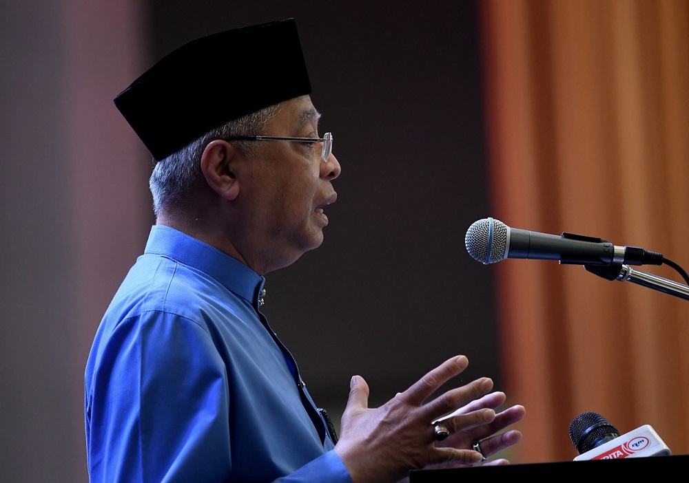 Prime Minister Datuk Seri Ismail Sabri Yaakob delivers his speech at the Opening Ceremony of the Bera Umno Division Wanita, Youth and Puteri Delegates Meeting at the Bera District Convention Hall in Bera, December 11, 2021. u00e2u20acu201d Bernama pic