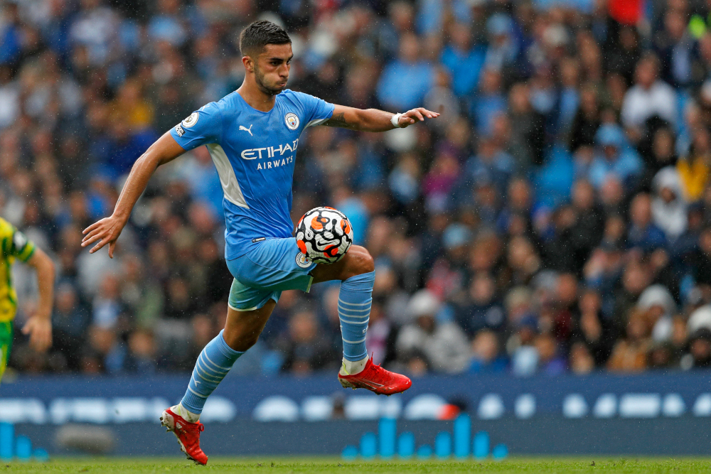 Manchester Cityu00e2u20acu2122s Spanish midfielder Ferran Torres controls the ball during the English Premier League match against Norwich City at Etihad Stadium in Manchester, north-west England, August 21, 2021. u00e2u20acu201d AFP pic 