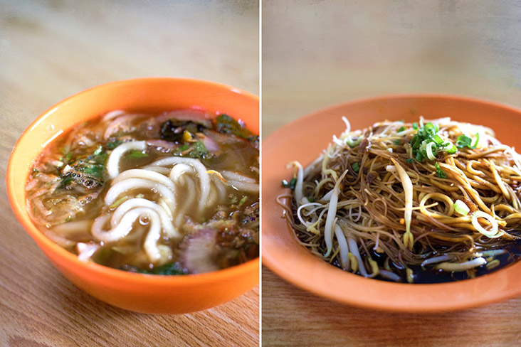 Penang style 'asam laksa' (left) and 'dry' noodles in soy sauce (right).