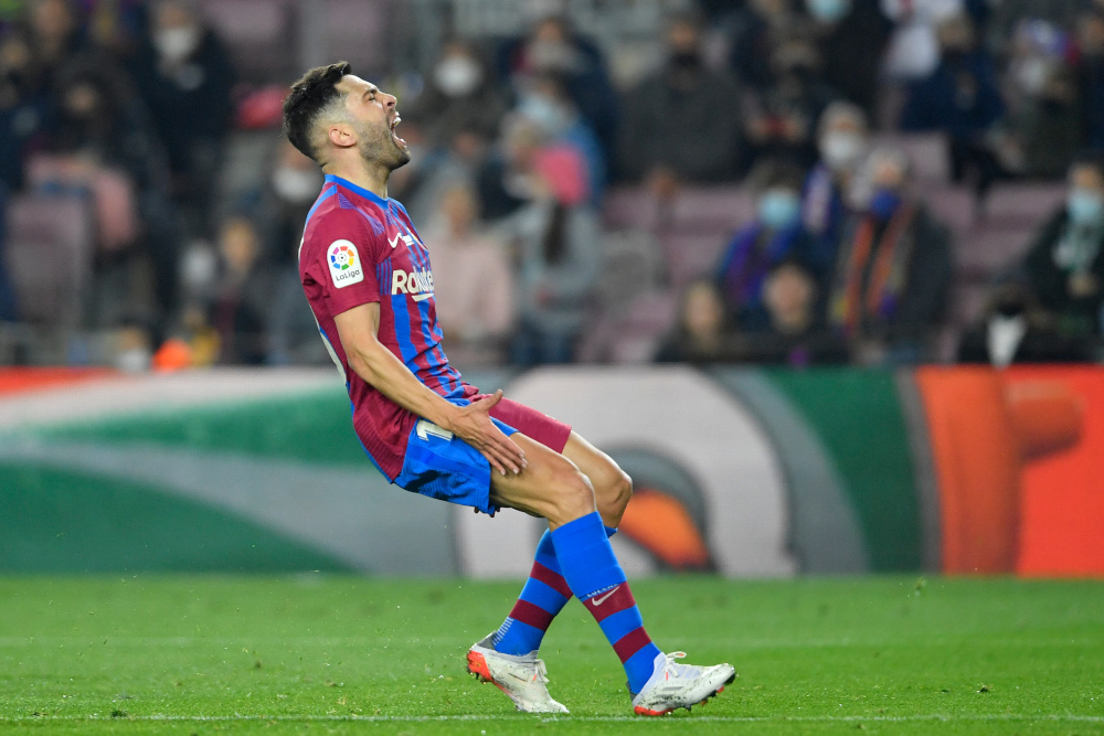 Barcelona defender Jordi Alba reacts to missing a goal opportunity during the Spanish league football match between FC Barcelona and Elche CF at the Camp Nou stadium in Barcelona, December 18, 2021. u00e2u20acu201d AFP pic 