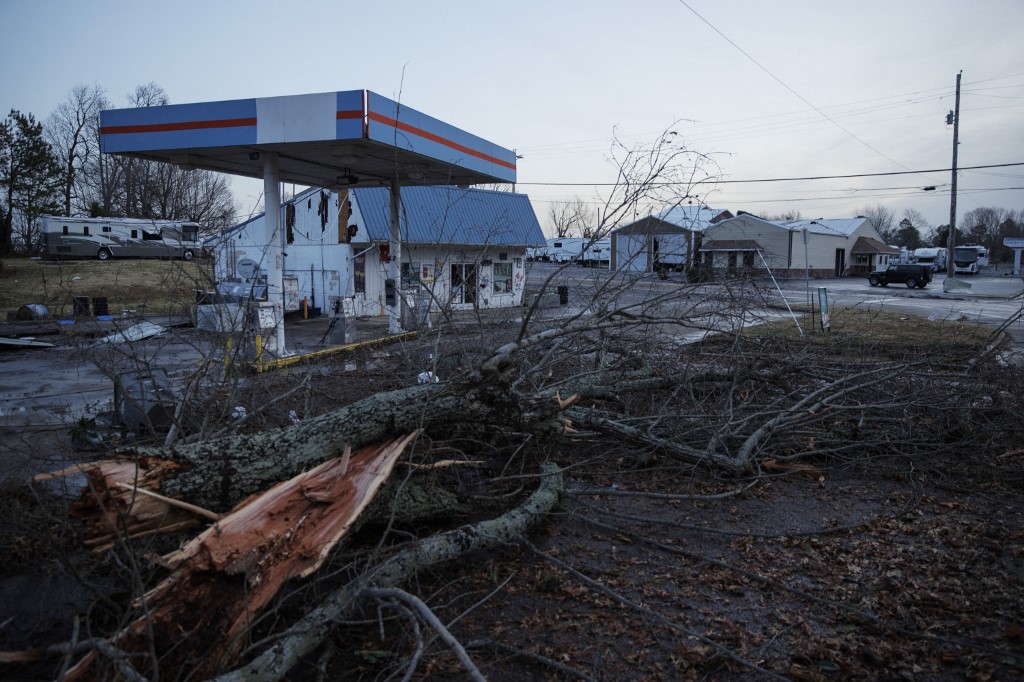 General view of tornado damaged businesses on December 11, 2021 in Mayfield, Kentucky. Multiple tornadoes tore through parts of the lower Midwest late on Friday night, leaving a large path of destruction. u00e2u20acu201d Getty Images via AFP
