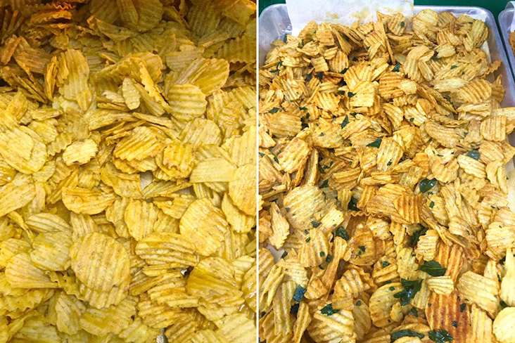 Crinkle cut chips, before and after seasoning.