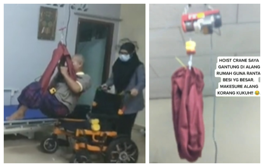 Aisyah Ishak using the crane to help hoist her father from the wheelchair to be lowered on his bed. u00e2u20acu201d Screengrab via TikTok/aisyahishak5
