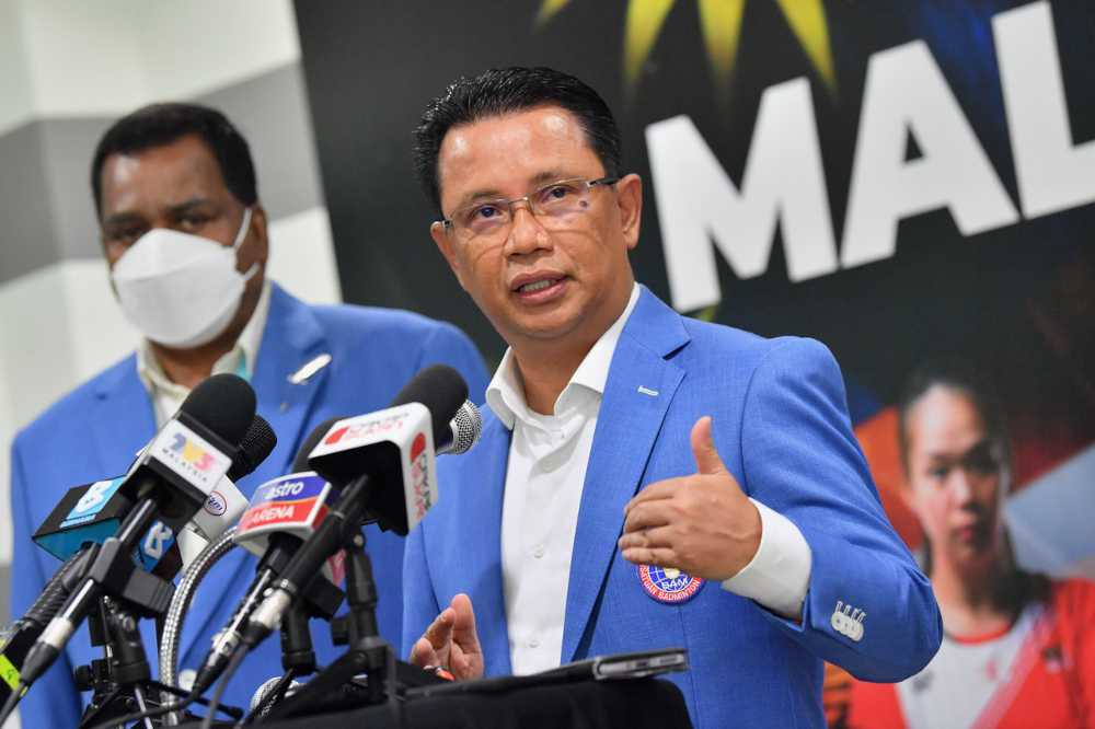 BAM president Tan Sri Mohamad Norza Zakaria speaks at a press conference at Academy Badminton Malaysia in Bukit Kiara, December 23, 2021. u00e2u20acu201d Bernama pic 