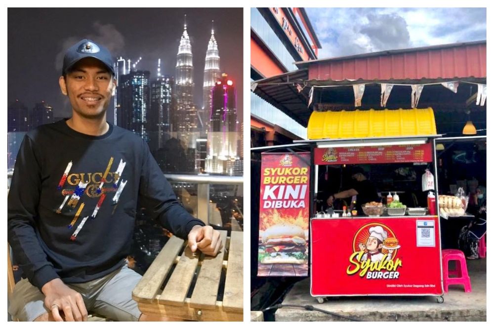 Muhammad Hazim (left) now has his own burger stall and car after working hard to help keep his family afloat. u00e2u20acu201d Pictures via Instagram